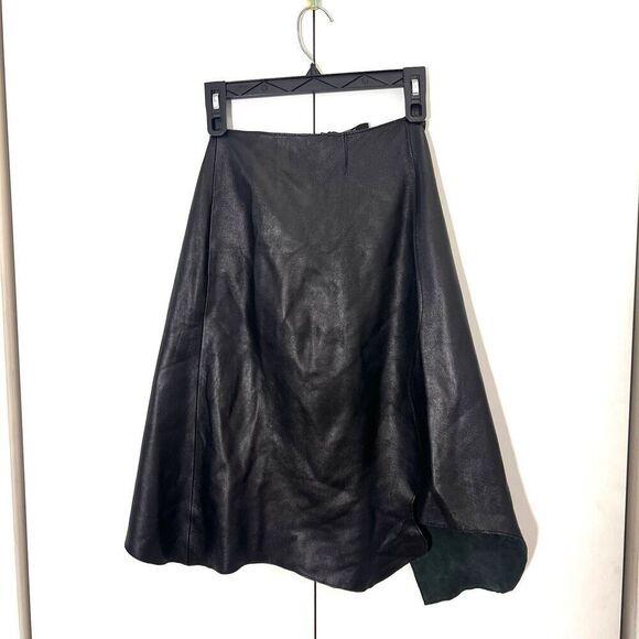 Y2K Genuine Leather Skirt Womens Asymmetric Beaded Front Slit Black Size 6 - Picture 2 of 9